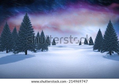 White snowy landscape with fir trees against aurora night sky in purple