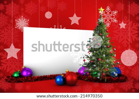 Composite image of poster with christmas tree against red snowflake design frame pattern