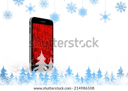 Snowflakes and fir trees against binary code on smartphone screen