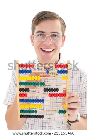 Nerdy hipster adding on abacus on white background