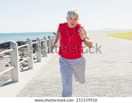 Fit mature man jogging on the pier on a sunny day