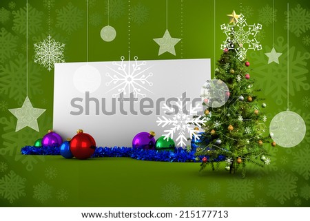 Composite image of poster with christmas tree against green snowflake design frame pattern