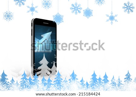 Snowflakes and fir trees against arrow on smartphone screen