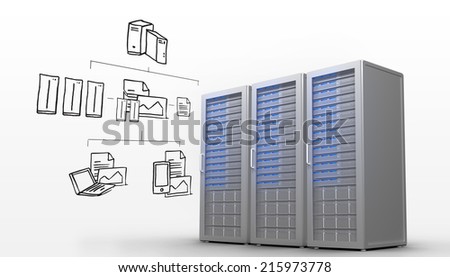 Cloud computing doodle against three digital grey server towers