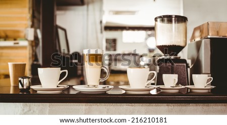 Selection of coffee on the counter at the coffee shop