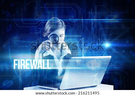 The word firewall and redhead businesswoman using her laptop against blue technology interface with circuit board