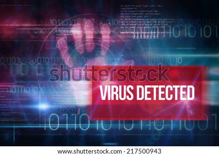 The word virus detected and pink technology hand print interface design against blue technology design with binary code