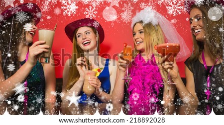 Composite image of a Chatting friends having stag party wearing stetsons against snow