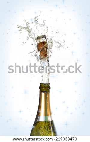 Composite image of twinkling stars against champagne cork popping