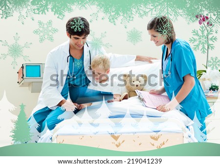 Attractive doctor showing an xray to his patient against snowflakes and fir tree in green