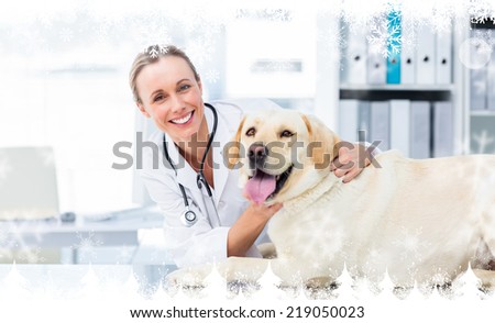 Composite image of a Female veterinarian examining dog against snowflakes
