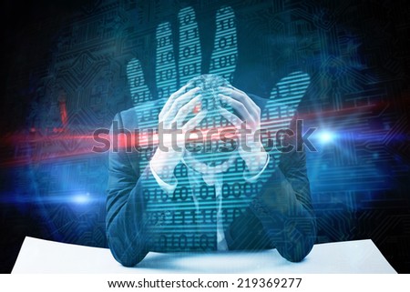 Businessman with head in hands against digital security hand print scan