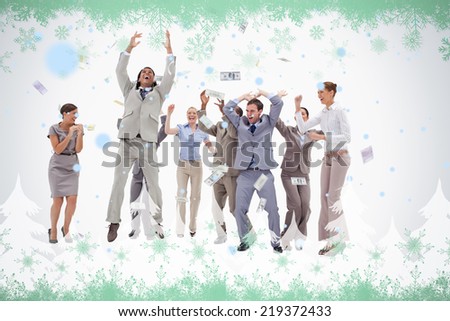 Very happy people with money falling from the sky against green snowflake design
