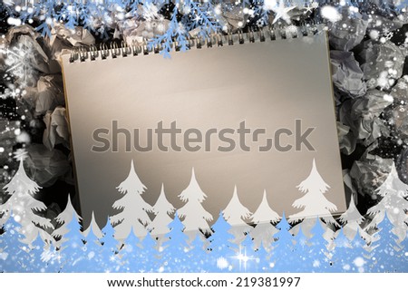 Composite image of snow frame against frost and fir trees
