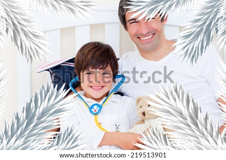 Cheerful father and his sick son playing with a stethoscope against fir tree branches forming frame