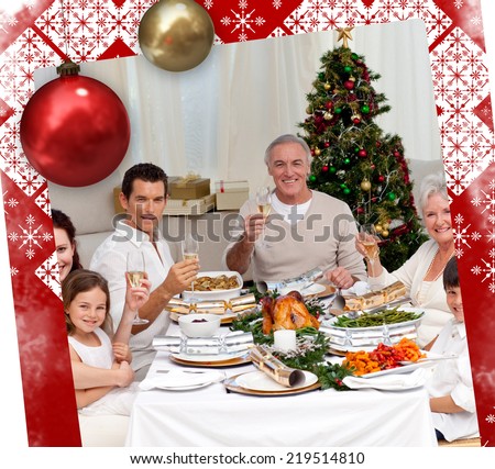 Family tusting with white wine in a Christmas dinner against christmas themed page