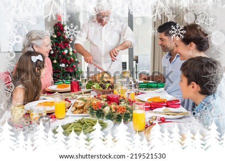 Extended family at dining table for christmas dinner against fir tree forest and snowflakes