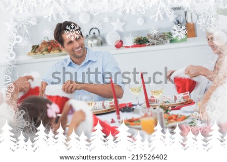 Cheerful family dining together against fir tree forest and snowflakes