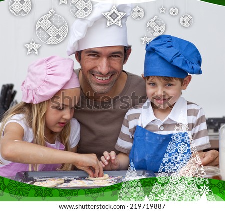 Father and daughter and son baking in the kitchen against christmas themed frame