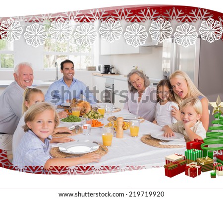 Happy family going to eat against snowflake frame