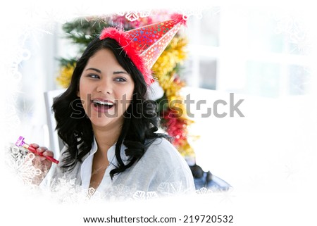 Composite image of positive businesswoman celebrating christmas against frost frame