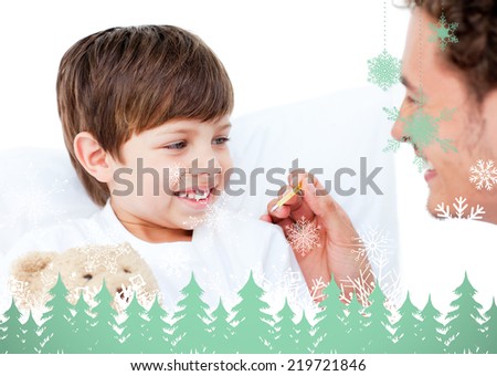 Handsome doctor taking little boys temperature against snowflakes and fir trees in green