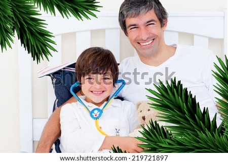 Cheerful father and his sick son playing with a stethoscope against digitally generated fir tree branches