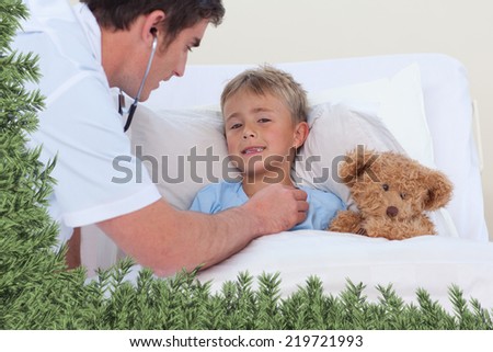 Doctor listening to a child breaht with stethoscope against green fir branches