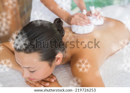 Content brunette getting a herbal compress massage against snowflakes