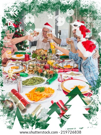 Family in santas hats toasting wine glasses at dining table against christmas themed frame