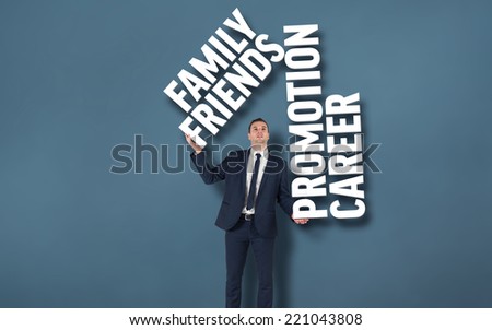 Businessman with arms out against background with text
