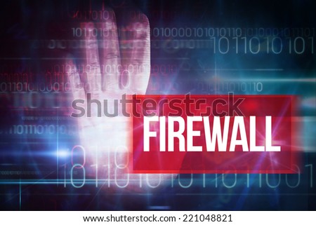 The word firewall and red technology hand print design against blue technology design with binary code