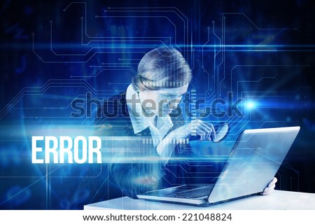 The word error and redhead businesswoman using her laptop against blue technology interface with circuit board