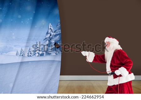Santa pulls something with a rope against room with wooden floor