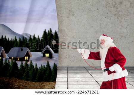 Santa pulls something with a rope against grey room