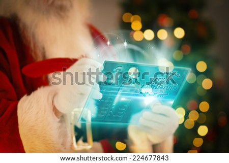 Composite image of santa using futuristic touchscreen at home before christmas