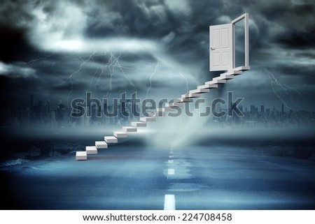 Stairs leading to door against stormy sky with tornado over road