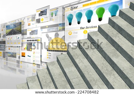 Grey steps against screen collage showing business advertisement