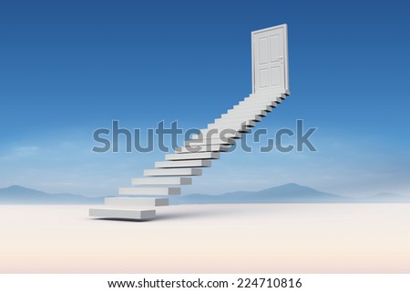 Stairs leading to door against serene landscape