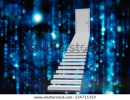 Stairs leading to door against digitally generated black and blue matrix