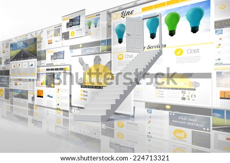 Stairs leading to door against screen collage showing business advertisement
