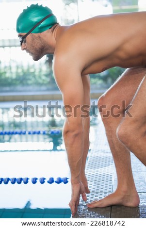 Side view of a fit swimmer about to dive into the pool at leisure center