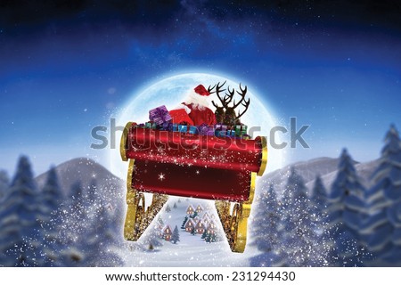 Santa flying his sleigh against cute christmas village under huge full moon