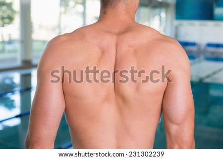 Rear view mid section of a shirtless fit swimmer by the pool at leisure center