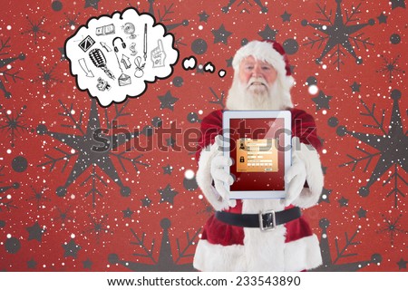 Santa presents a tablet PC against snowflake wallpaper pattern