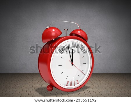 Happy new year in red alarm clock against room with wooden floor