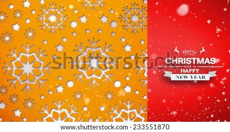 Snow falling against snowflake wallpaper pattern