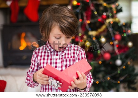 Shocked little boy looking at gift at home in the living room