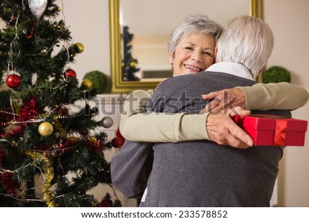 Senior couple hugging beside their christmas tree at home in the living room