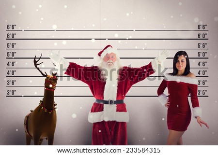 Jolly Santa opens his arms to camera against mug shot background